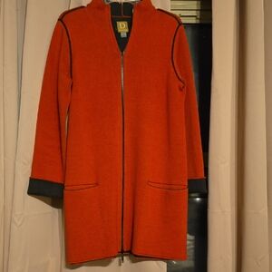 Damask Dark Orange Zip-Up Sweater with Charcoal Trim